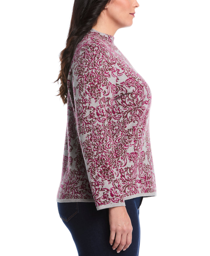 Plus Size Floral Paisley Print Mock Neck Sweater (Magenta Purple) 