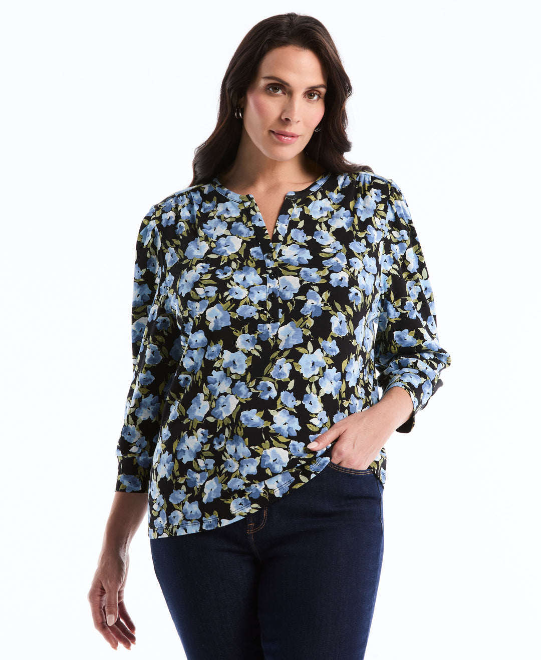 Plus Size Floral Print Shirred Top (Black) 