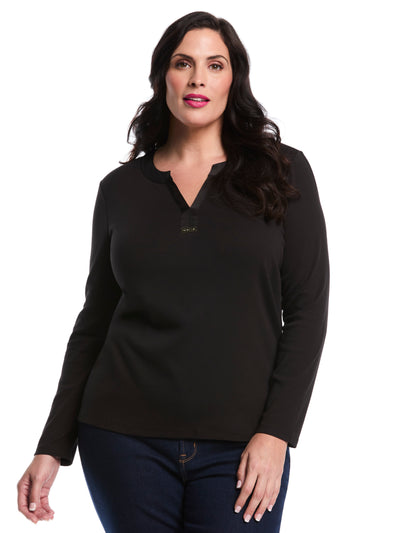 Plus Size Woven Trim Split Neck Top (Black) 