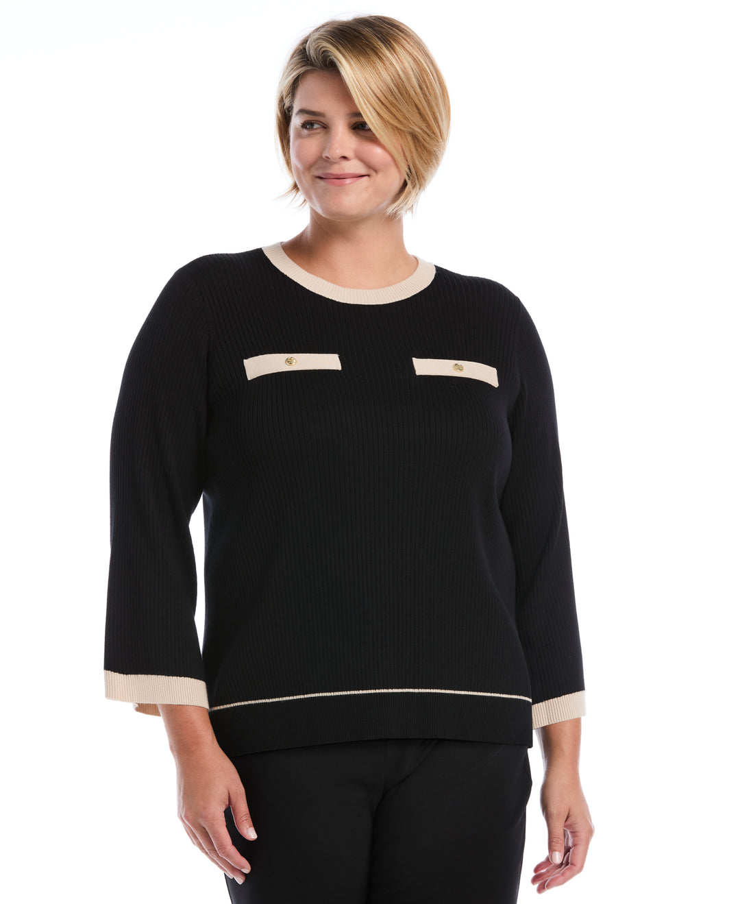 Plus Size Contrast Trim Sweater (Black) 