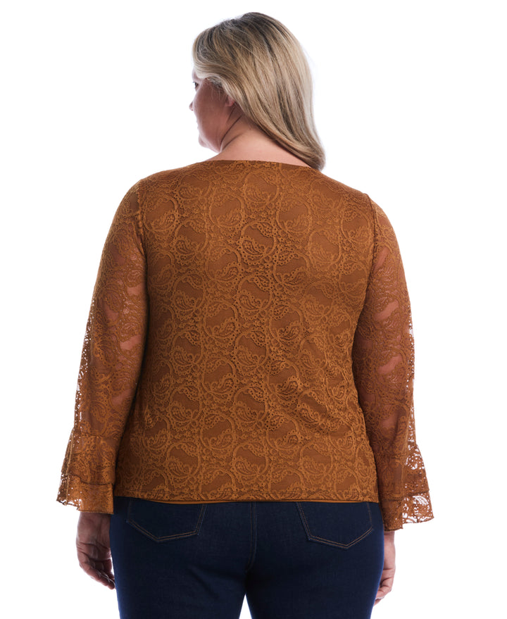 Plus Size Lace Ruffle Sleeve Boatneck Top (Monks Robe) 