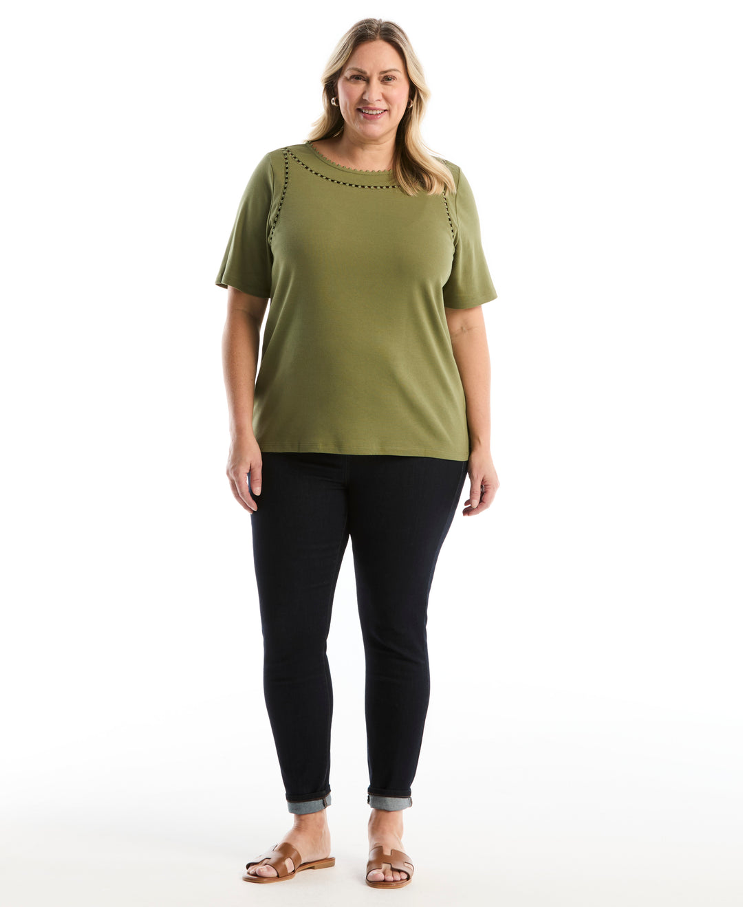 Plus Size Pom Trim Detail Top (Loden Green) 