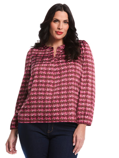 Plus Size Crosshatch Print Split Neck Popover Blouse (Beetroot Purple) 