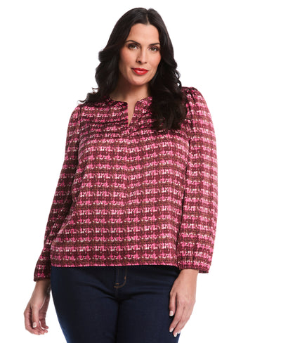Plus Size Crosshatch Print Split Neck Popover Blouse (Beetroot Purple) 