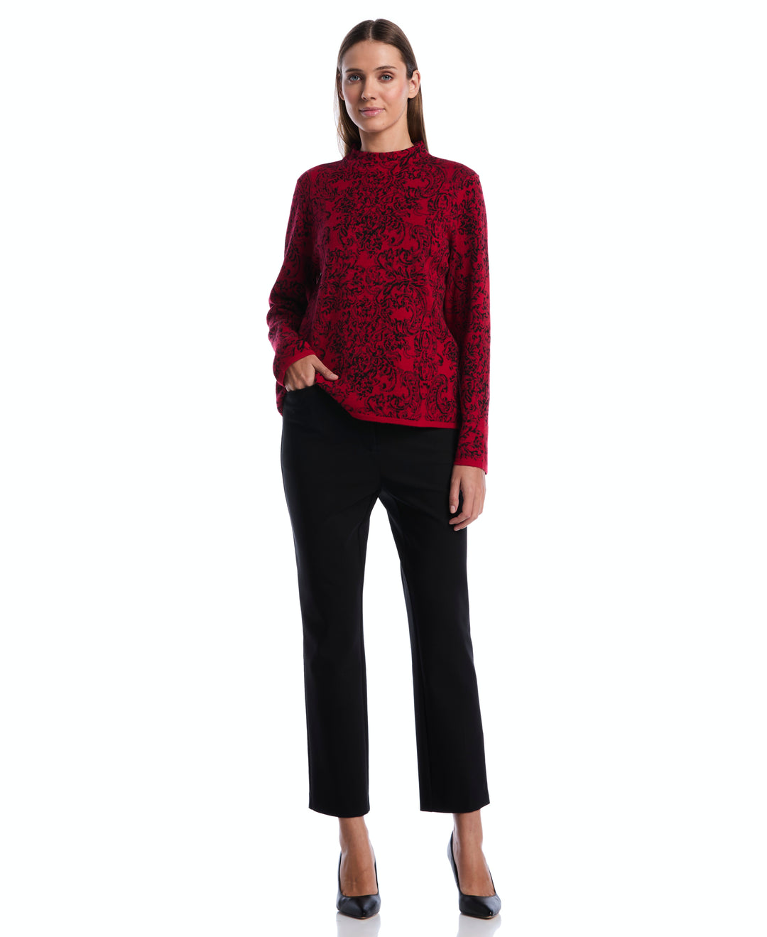 Floral Paisley Print Mock Neck Sweater (Jester Red) 