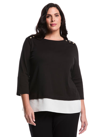 Plus Size Rivet Detail Mixed Media Layered Top (Black) 