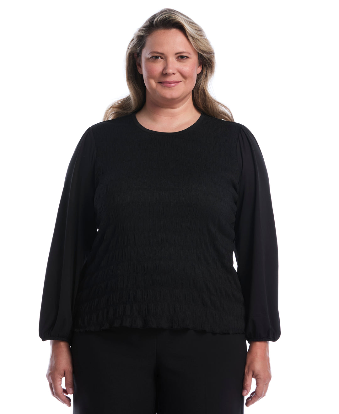 Plus Size Puff Sleeve Crew Neck Top (Black) 