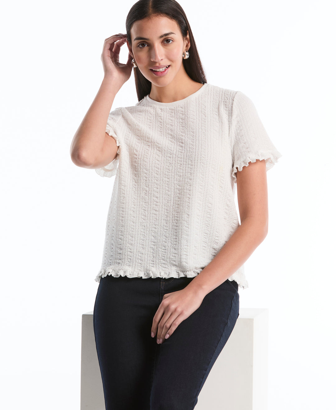 Puckered Ruffle Sleeve Top (Star White) 