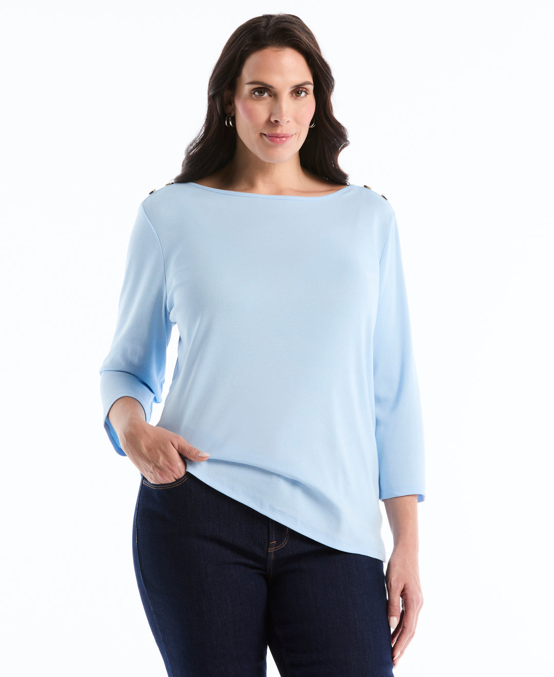 Plus Size Button Detail 3/4 Sleeve Top (Cerulean) 