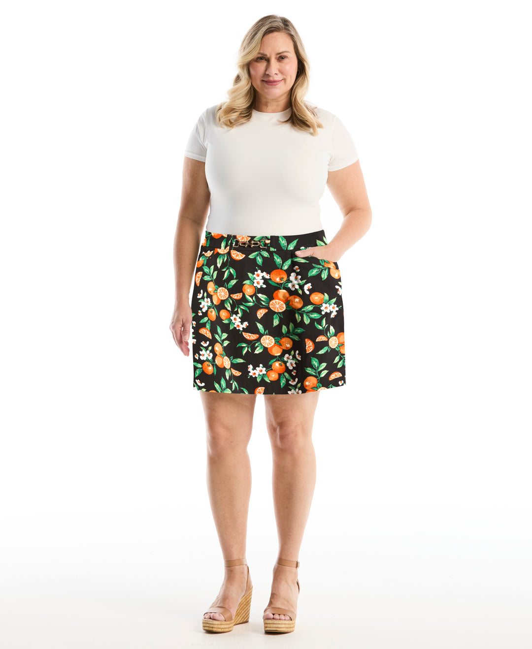 Plus Size Orange Print Horse Bit Belted Skort (Nectarine) 