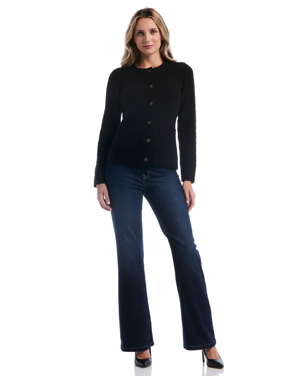 Teddy Boucle Patch Pocket Cardigan (Black) 