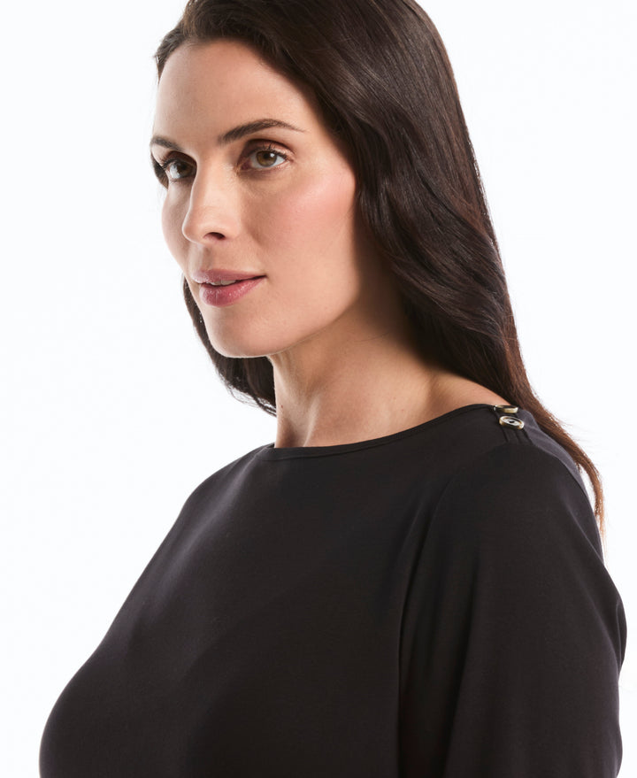Plus Size Button Detail 3/4 Sleeve Top (Black) 