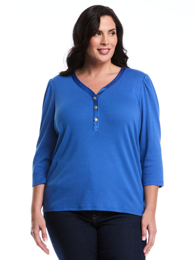 Plus Size 3/4 Puff Sleeve V-Neck Top (Nautical Blue) 