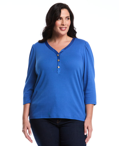 Plus Size 3/4 Puff Sleeve V-Neck Top (Nautical Blue) 