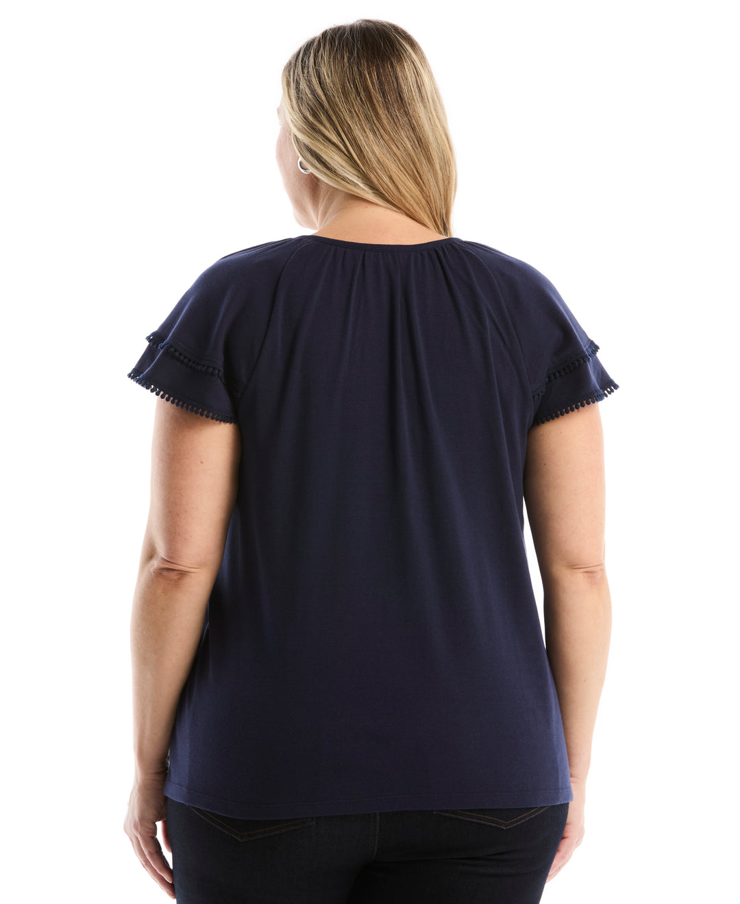 Plus Size Eyelet Flutter Sleeve Split Neck Top (Peacoat) 