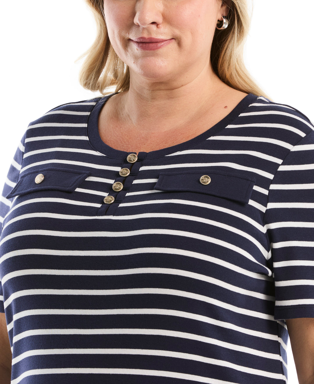 Plus Size Striped Welt Pocket Button Detail Top (Peacoat) 