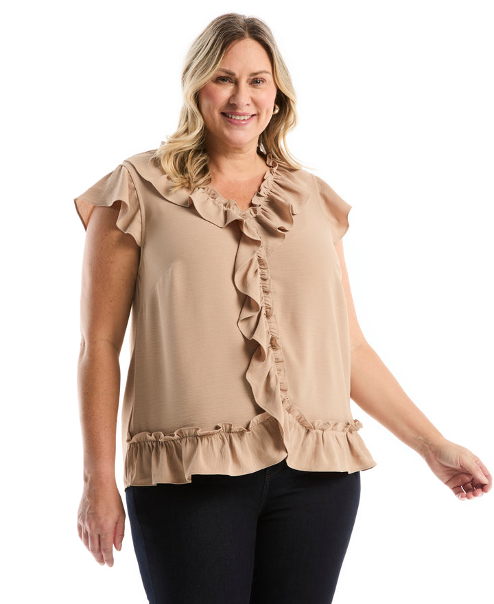 Plus Size Ruffle Blouse (Warm Taupe) 
