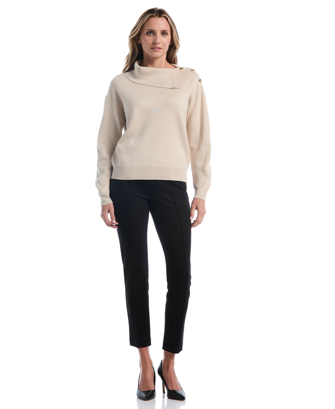 Petite Split Neck Button Detail Sweater (Oatmeal) 