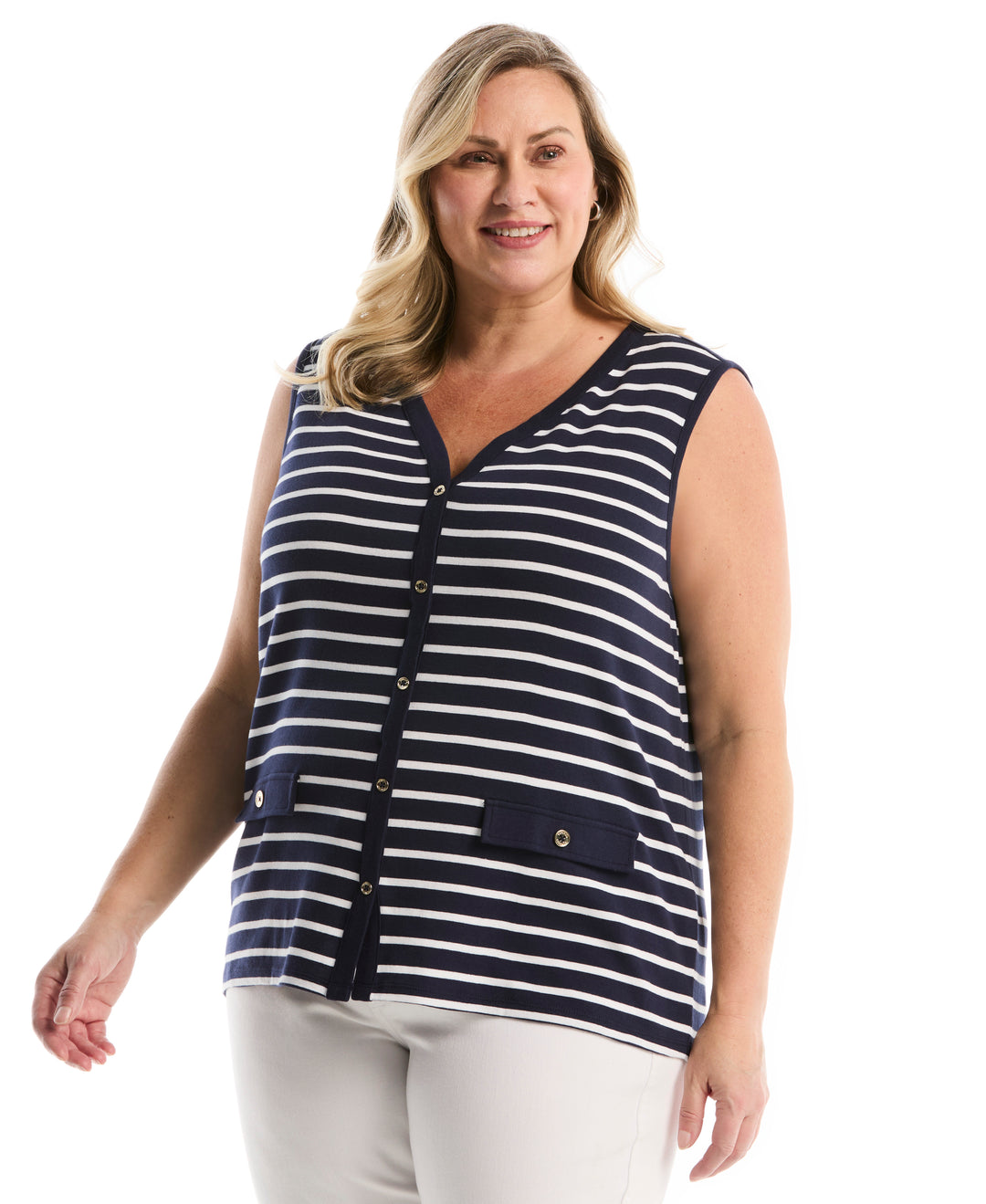 Plus Size Striped Button Front Tank Top (Peacoat) 