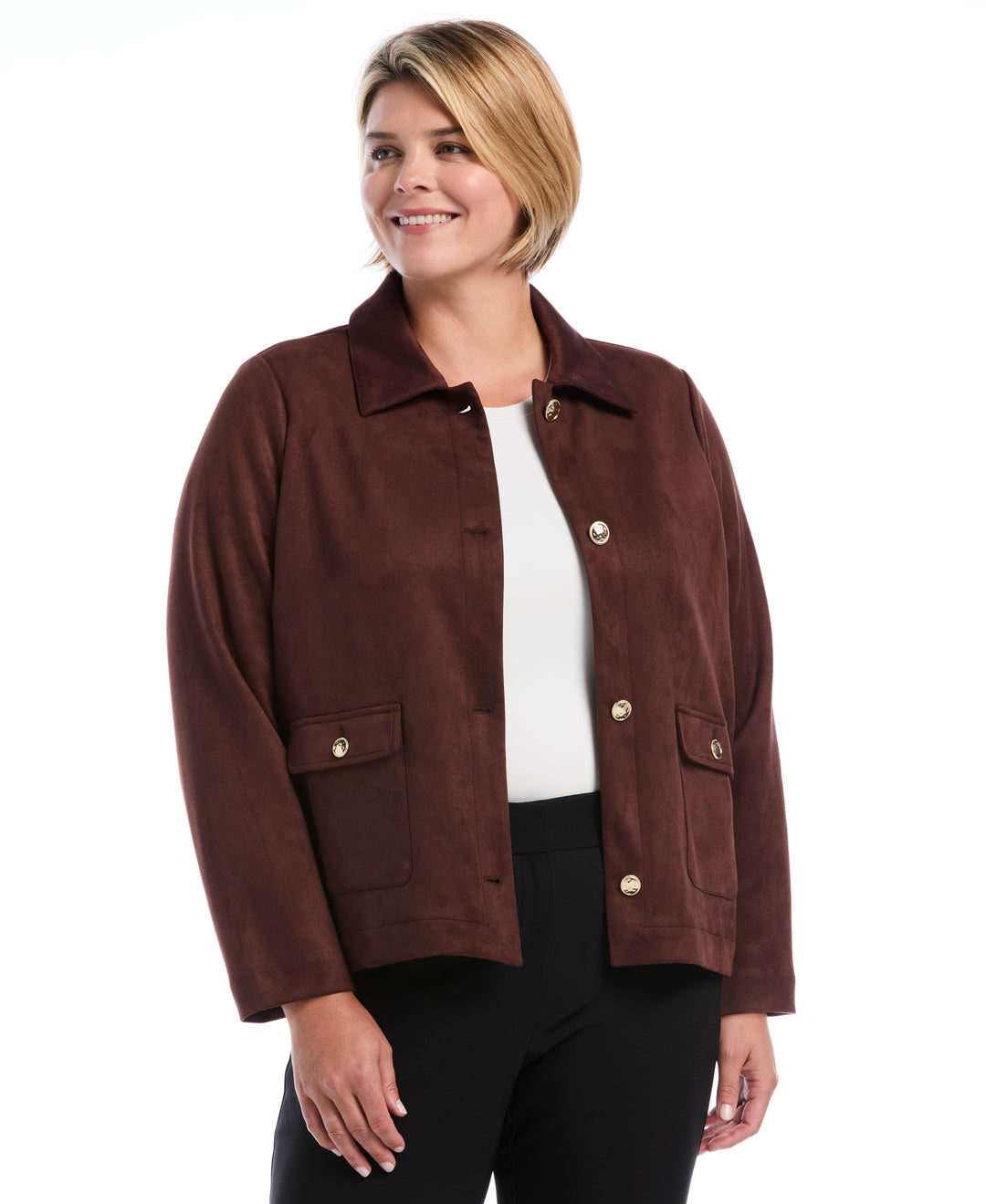 Plus Size Patch Pocket Scuba Suede Jacket (Brown Stone) 