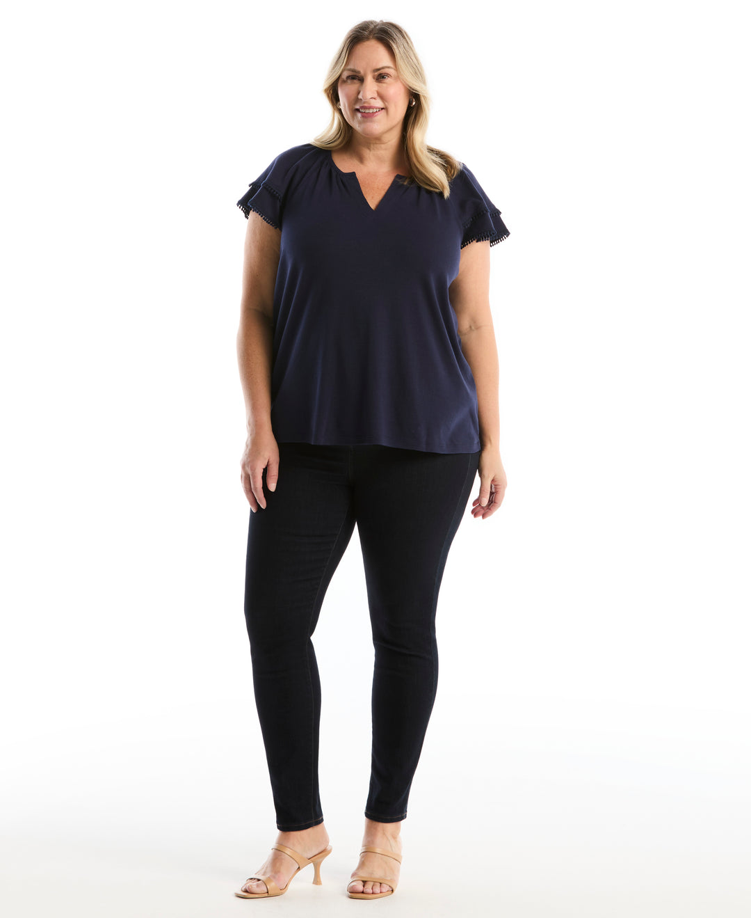 Plus Size Eyelet Flutter Sleeve Split Neck Top (Peacoat) 