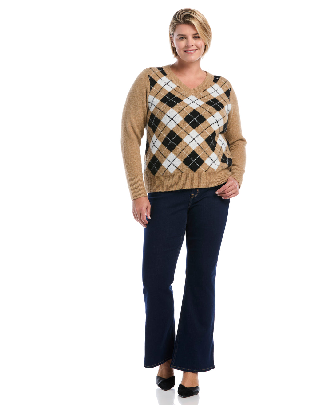 Plus Size Argyle V-Neck Sweater (Tobacco Brown) 
