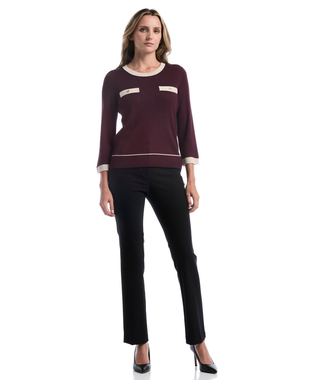 Petite Contrast Trim Sweater (Winetasting) 