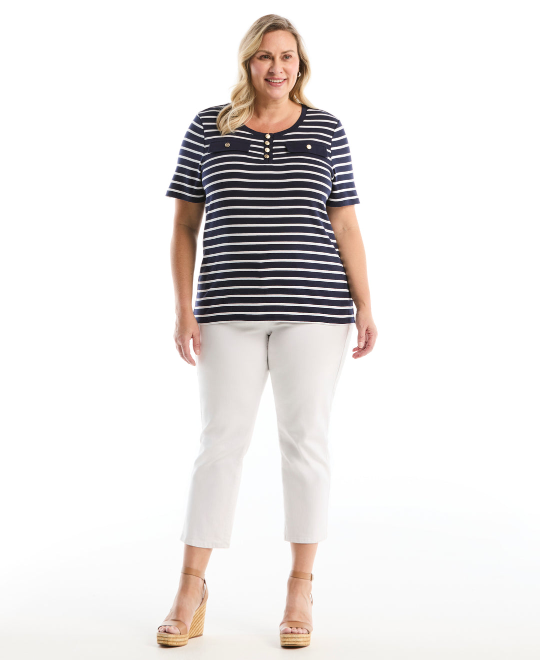 Plus Size Striped Welt Pocket Button Detail Top (Peacoat) 