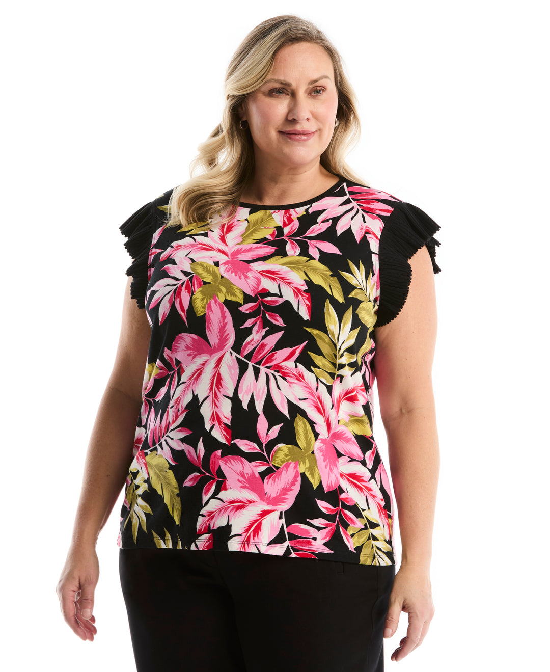 Plus Size Tropical Print Ruffle Top (Black) 