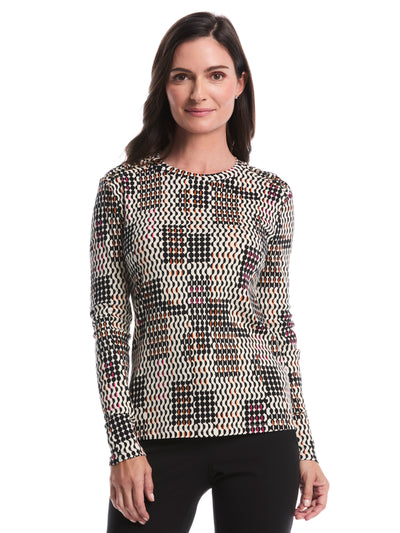 Geo Print Laced Crew Neck Top (Ecru) 