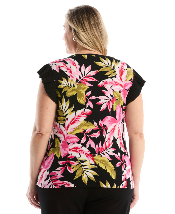 Plus Size Tropical Print Ruffle Top (Black) 
