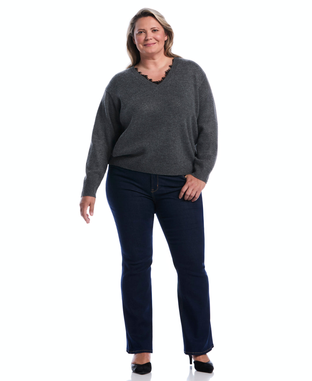 Plus Size Lace Trim V-Neck Sweater (Charcoal) 