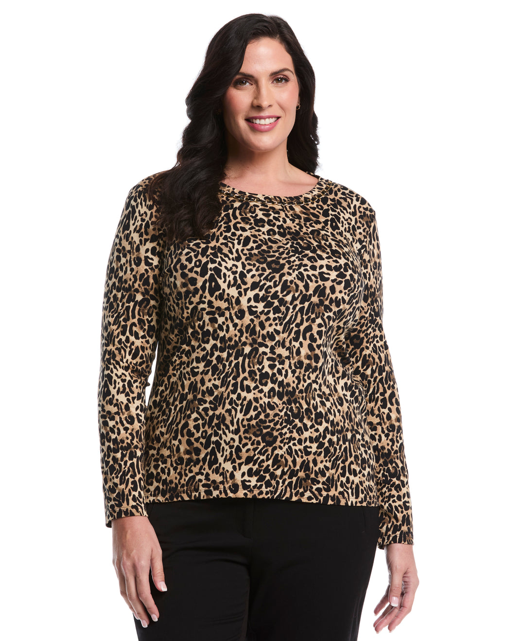 Plus Size Animal Print Chain Neck Detail Top (Black) 
