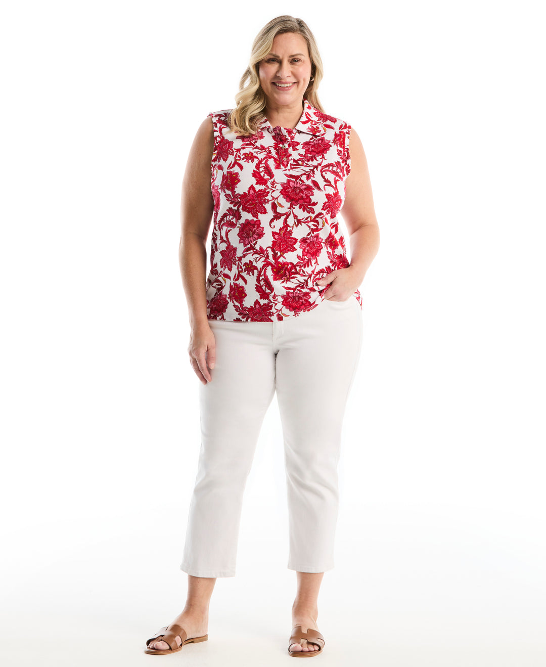 Plus Size Botanical Print Ruffle Trim Polo (Raspberry) 