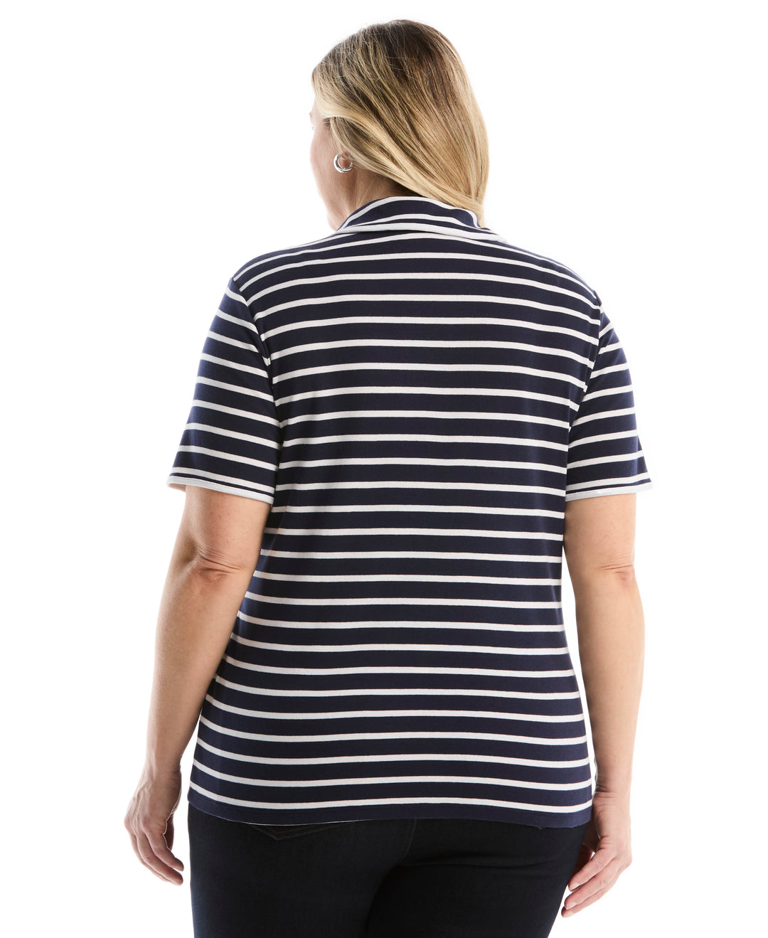 Plus Size Striped Contrast Trim Johnny Collar Polo (Peacoat) 
