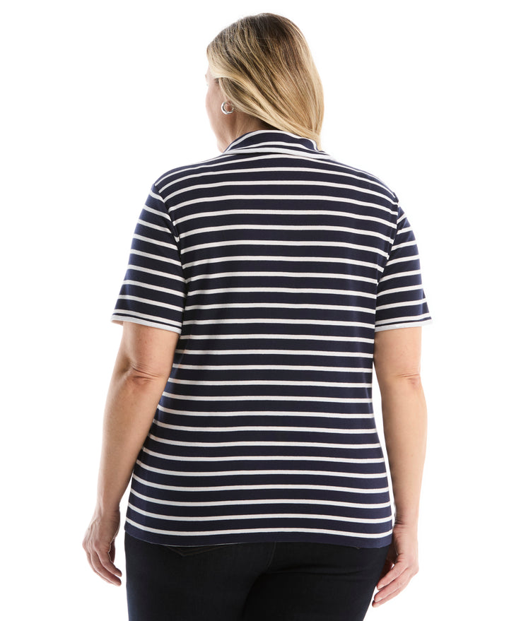 Plus Size Striped Contrast Trim Johnny Collar Polo (Peacoat) 
