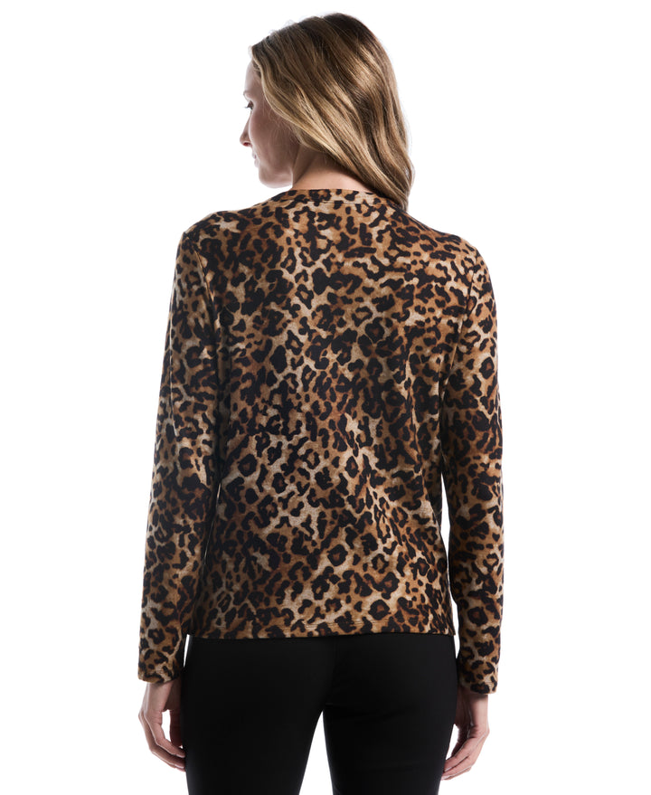 Petite Leopard Print Shirred Split Neck Top (Monks Robe) 