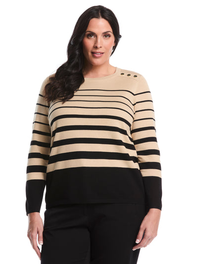 Plus Size Striped Print Rivet Detail Sweater (Irish Cream) 