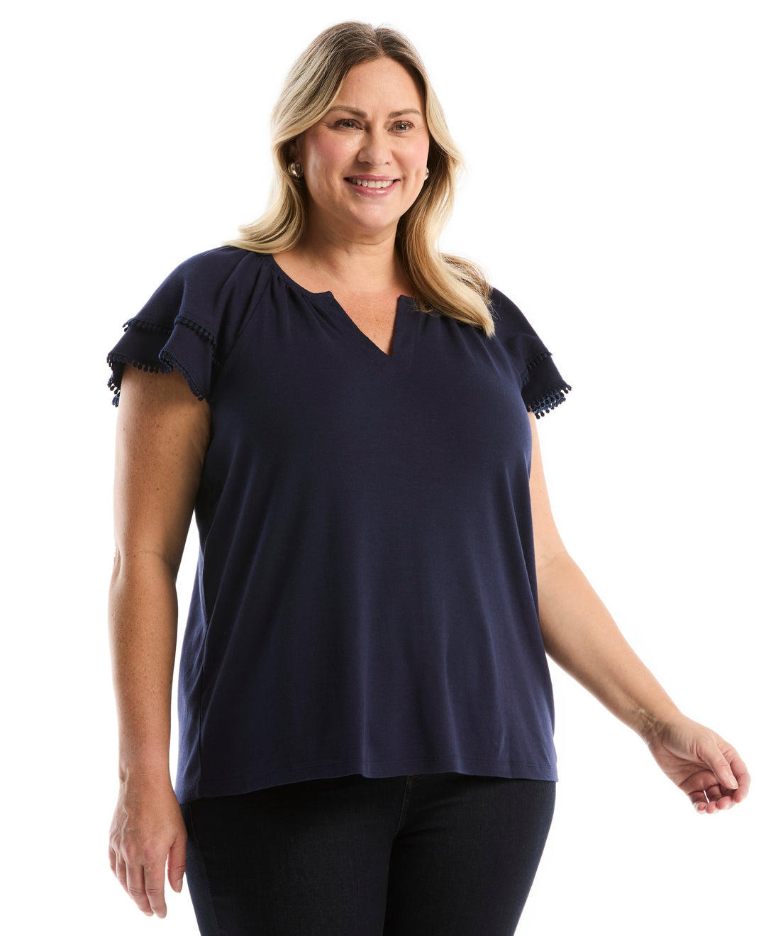 Plus Size Eyelet Flutter Sleeve Split Neck Top (Peacoat) 