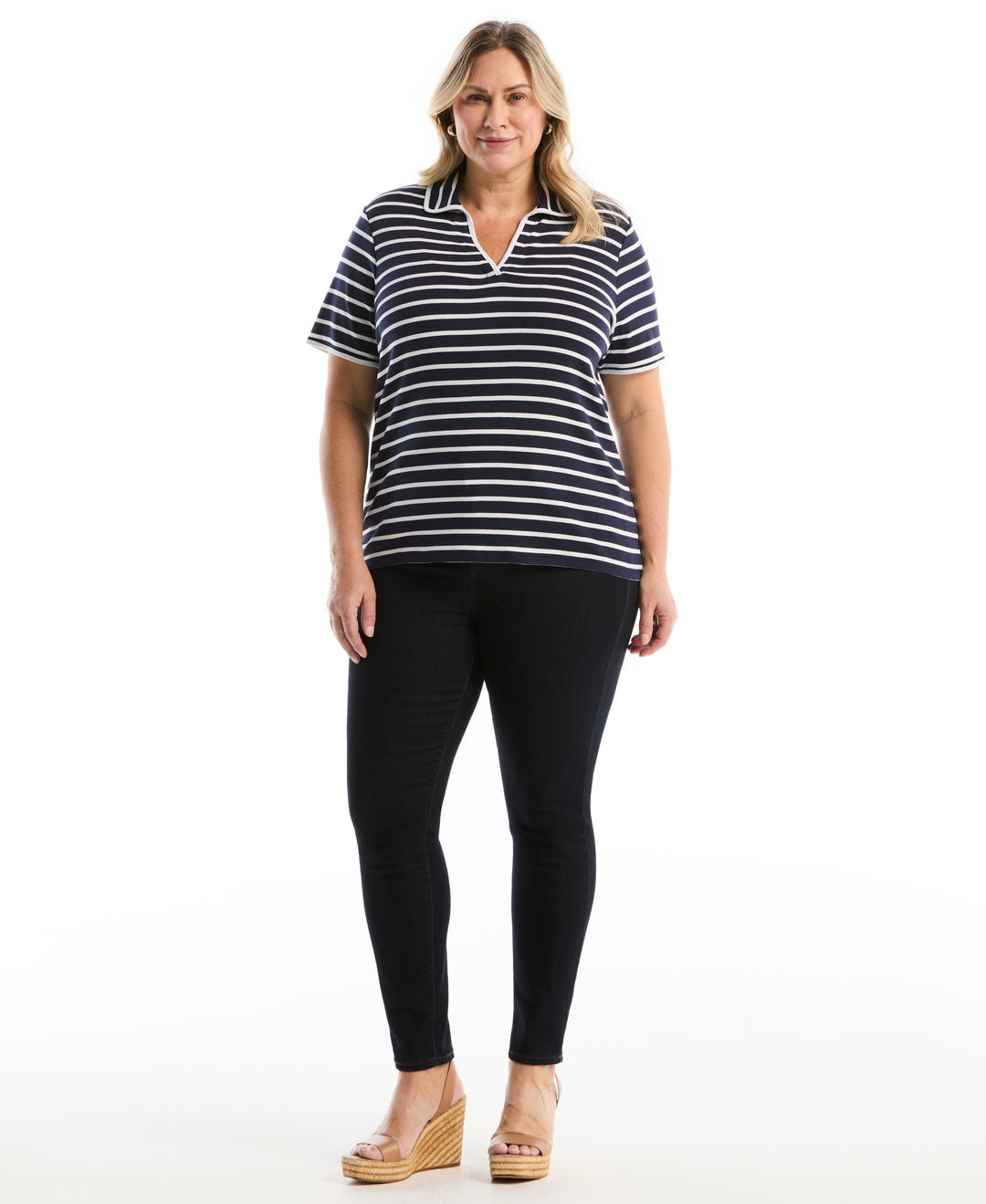 Plus Size Striped Contrast Trim Johnny Collar Polo (Peacoat) 