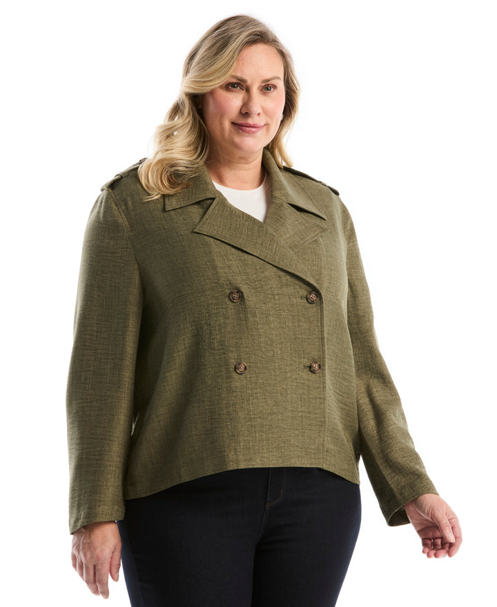 Plus Size Washer Crepe Cropped Trench Coat (Loden Green) 