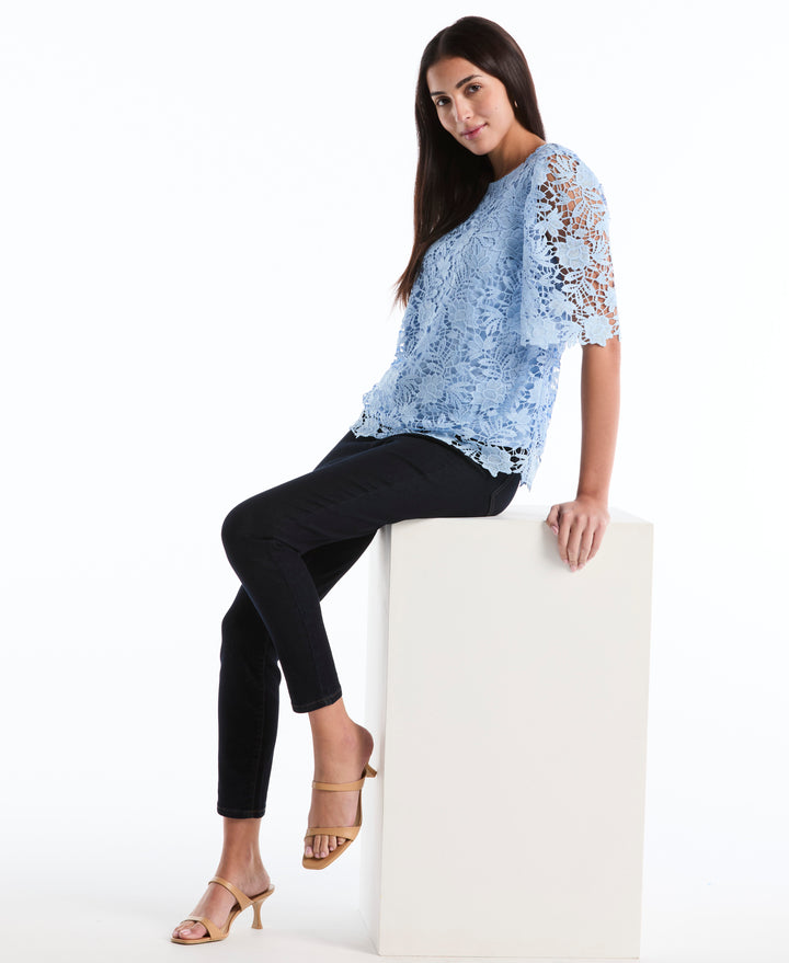 Petite Scalloped Lace Top (Cerulean) 
