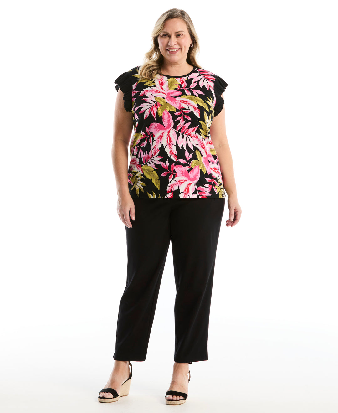 Plus Size Tropical Print Ruffle Top (Black) 