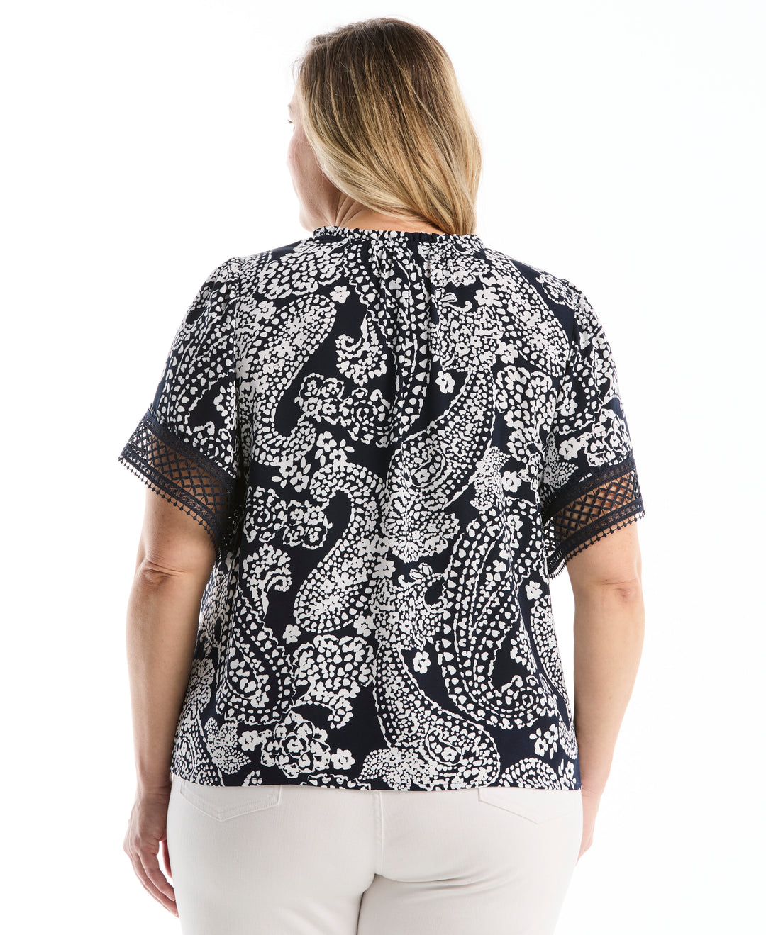 Plus Size Paisley Print Flutter Lace Sleeve Blouse (Peacoat) 