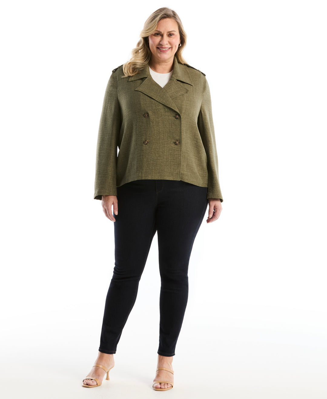 Plus Size Washer Crepe Cropped Trench Coat (Loden Green) 