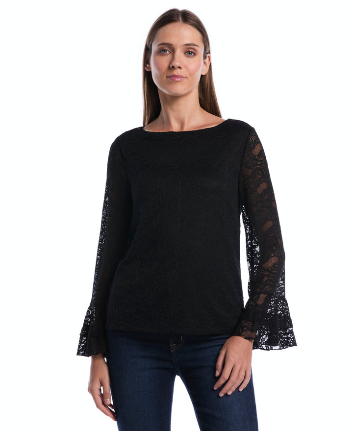 Petite Lace Ruffle Sleeve Boatneck Top (Black) 