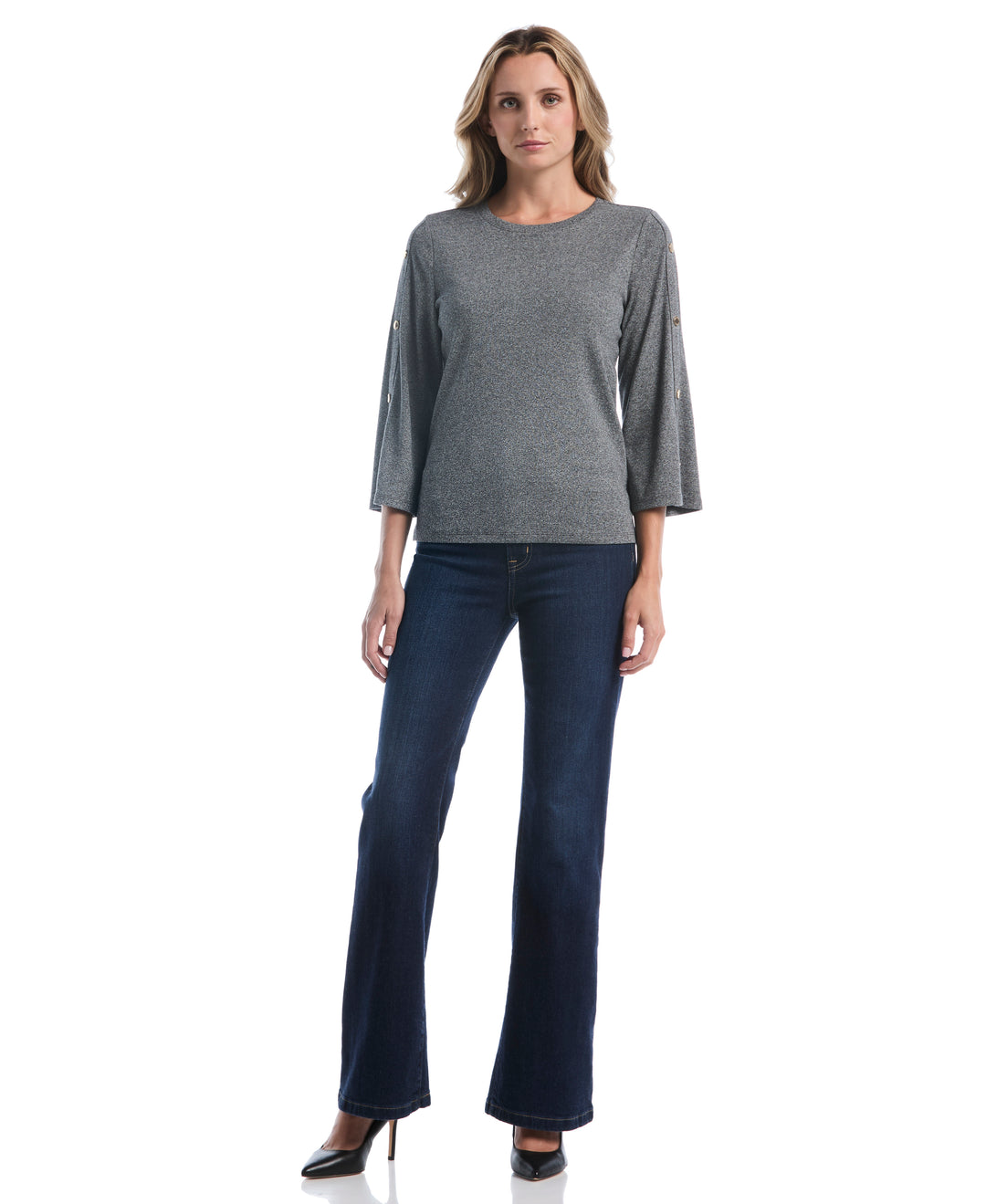 Stud Trim Wide Sleeve Top (Salt And Pepper Hthr) 
