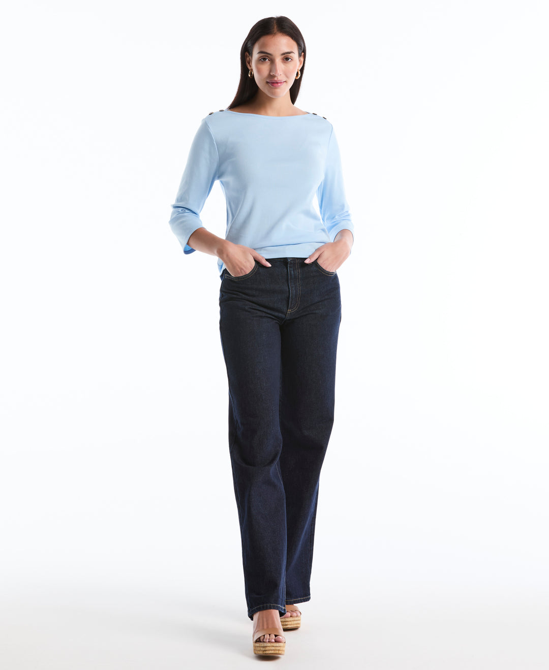 Button Detail 3/4 Sleeve Top (Cerulean) 