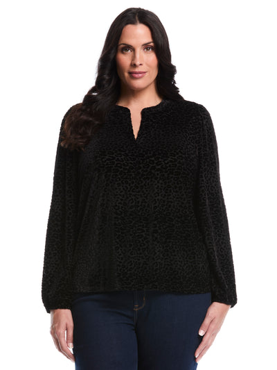 Plus Size Cheetah Print Split Neck Popover Blouse (Black) 