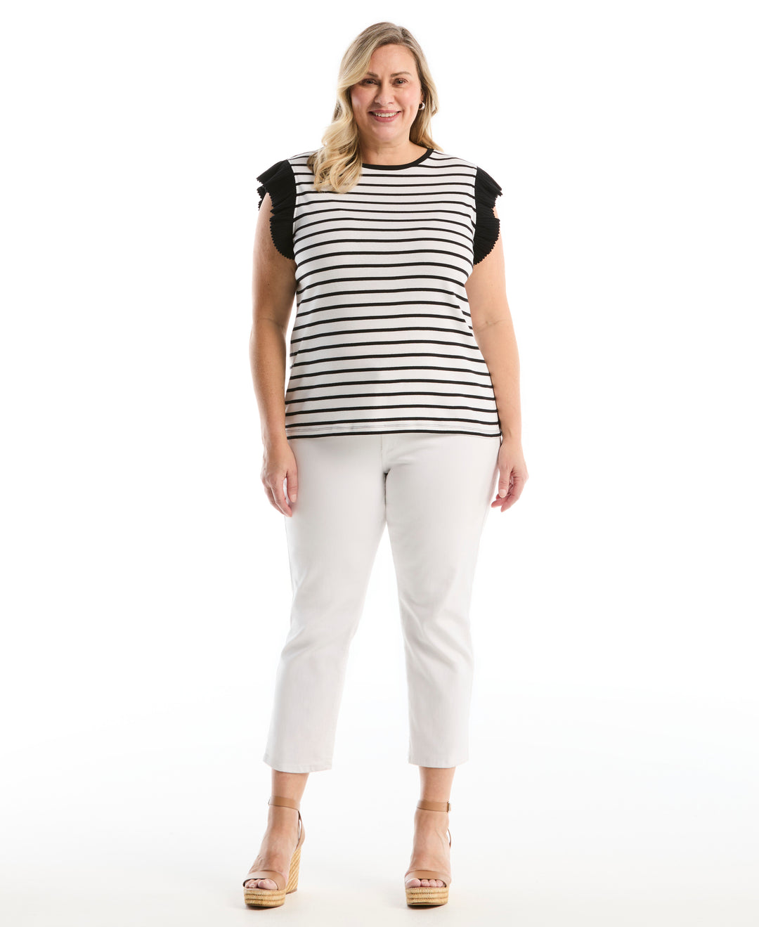 Plus Size Striped Ruffle Top (White) 